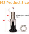 Hella Solid Stainless Steel Plunger Pin For Tool Chest Featuring Self Locking Knob Quick Release Pull Ring Spring Loaded Indexer Lock Fine M8 Precision Thread with measurements.