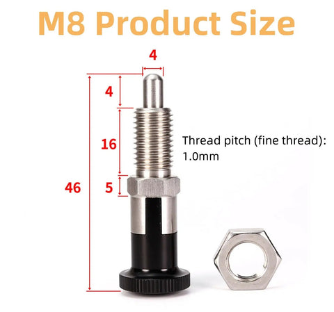 Hella Solid Stainless Steel Plunger Pin For Tool Chest Featuring Self Locking Knob Quick Release Pull Ring Spring Loaded Indexer Lock Fine M8 Precision Thread with measurements.