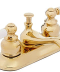 Elizabeth Four Inch Centerset Lavatory Faucet With Pop Up Drain Four And A Half Inch Spout Reach Polished Brass Finish