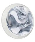 Slick One Point Three Seven Inch Marble Look Cabinet Knobs Four Pack Sharp White Cabochon Glass Drawer Pulls With Silver Silk Texture close-up of glass knob design