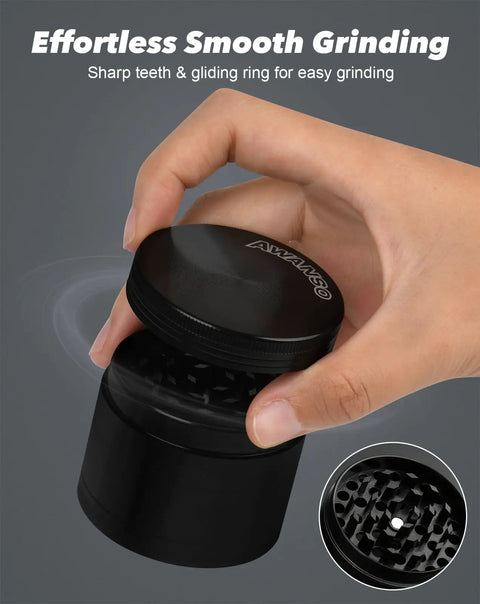 Person holding a 2 Inch Spice Grinder For Kitchen Spices Screen Free 3 Piece 4 Part Zinc Alloy Black Portable Grinder With Sharp Teeth