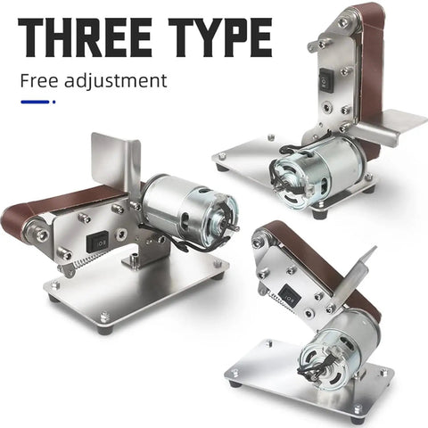 Mini Electric Belt Sander Bench Grinder Polishing Kit For Knife Making Woodworking with adjustable surfaces and motor.