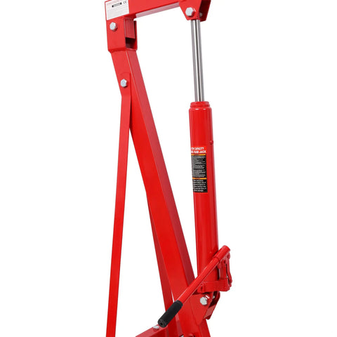 Straight Up Heavy Duty Folding Engine Hoist Cherry Picker Shop Crane With 1500 Lb Capacity showing red hydraulic cylinder and lifting arm.