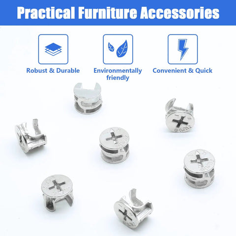 Heavy Duty Cam Lock Fittings For Furniture Assembly 10 Piece Pack Of Rust Proof Nickel Plated Carbon Steel Locking Nuts on white background.