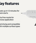 Hot Glue Gun Kit With 30 Sticks, 20W High Temp, Drip Free Nozzle shown with key features listed beside it
