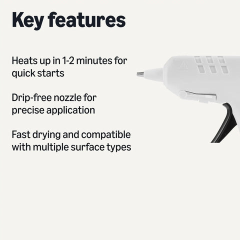Hot Glue Gun Kit With 30 Sticks, 20W High Temp, Drip Free Nozzle shown with key features listed beside it