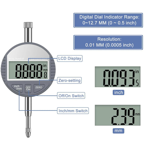HDLNKAK digital bore gauge with LCD display, gray circular body, 0-12.7 mm range, inch/mm switch.