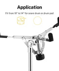 Ultimate Tall Snare Drum Stand With Stick Holder For Kids And Adults Adjustable Height From 26 To 40 Inches Double Braced Stability Fits 10-14 Inch drums showing adjustable holder for drums.