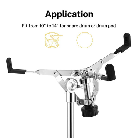 Ultimate Tall Snare Drum Stand With Stick Holder For Kids And Adults Adjustable Height From 26 To 40 Inches Double Braced Stability Fits 10-14 Inch drums showing adjustable holder for drums.
