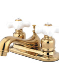 Retro Vibe Restoration 4-Inch Centerset Lavatory Faucet With Porcelain Cross Handle In Polished Brass For A Classic Bath Upgrade