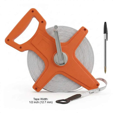 Pro Grade Fiberglass Tape Measure Half Inch By One Hundred Foot Open Reel Dual Sided For Inches And Feet With Ergonomic Grip Water Resistant Rugged Orange Tool For Builders And Pros