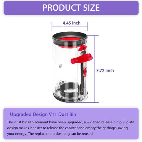 Upgraded Dust Bin Replacement Part For V11 V15 SV14 SV15 SV22 Cordless Vacuum Cleaner, 4.45 x 7.72 inch size with red handle