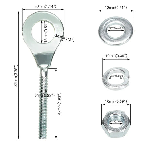 Detail view of screws, washers, and dimensions for Front And Rear Mini Bike Wheel Bearings 6202RS Replacement Kit