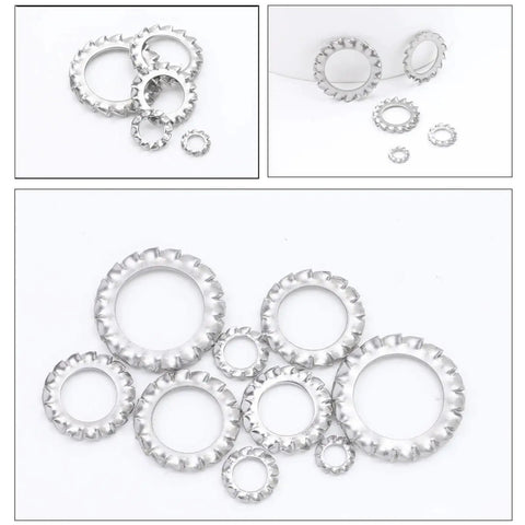 Heavy Duty 500 Piece External Tooth Star Lock Washer Set Stainless Steel For M3 M4 M5 M6 M8 displayed on white background