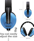 Blue baby ear protection headphones with noise canceling earmuffs for infants ages 3 months to 3 years, adjustable sizing guide.
