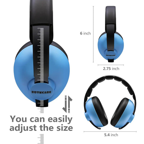 Blue baby ear protection headphones with noise canceling earmuffs for infants ages 3 months to 3 years, adjustable sizing guide.
