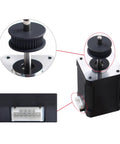 NEMA17 stepper motor (42x60mm) with drive pulley; black housing and white connector, front view