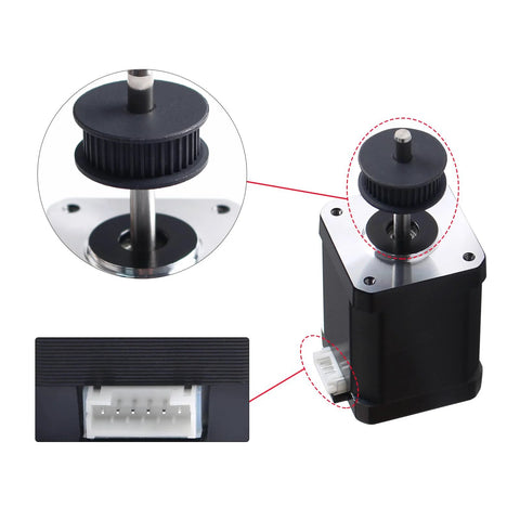NEMA17 stepper motor (42x60mm) with drive pulley; black housing and white connector, front view