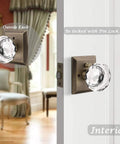 Vintage Crystal Door Knobs 5 Pack With Privacy Lock Round Glass Interior Door Knobs For Bedroom And Bathroom Heavy Duty Square Rosettes In Antique Bronze Finish shown installed on a bedroom door.