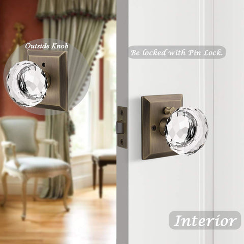 Six Pack Vintage Crystal Door Knobs With Privacy Lock For Interior Doors, round glass design, shown installed on door