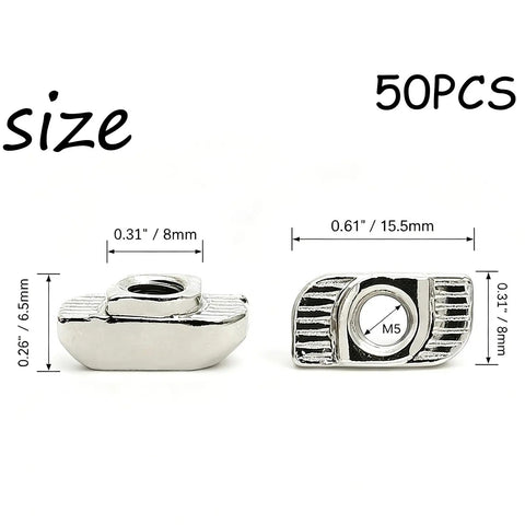 Cool 50 Pack Of Premium M5 T Nuts For 3030 Aluminum Profile Bars dimensions shown with knurled grip design for secure installation.