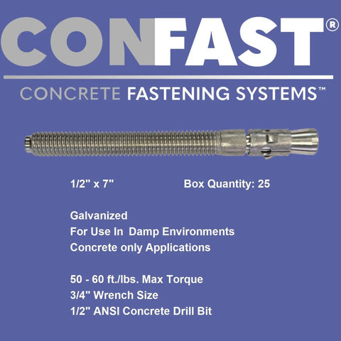 Image of One Half Inch By Seven Inch Galvanized Wedge Anchor For Concrete In Moist Environment Built Tough Box Of Twenty Five Heavy Duty Fastener