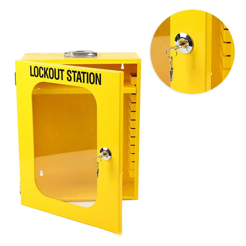 Tough As Nails Heavy Duty Lockout Tagout Station Wall Mounted Loto Cabinet With Shatterproof Clear Door and key lock view.