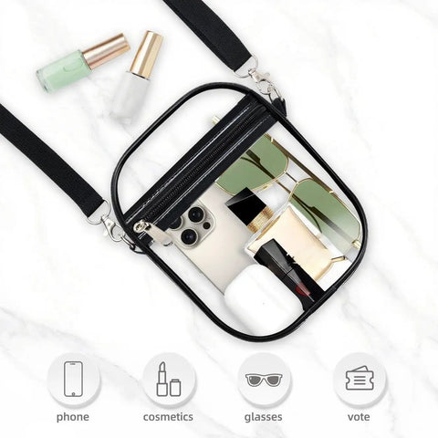 Clear Crossbody Bag With Front Pocket Stadium Approved For Concerts Sports Festivals Waterproof PVC displays essentials inside