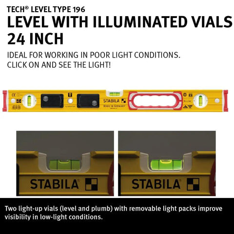 LED Lighted Level With Illuminated Vials For True Plumb And Level Readouts, Auto Shutoff After 100 Seconds, 24-inch tool shown