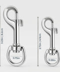 Badass Heavy Duty Swivel Flag Clips 4 Pack All Weather Zinc Alloy Snap Hooks, size comparison 3.23in and 2.72in.