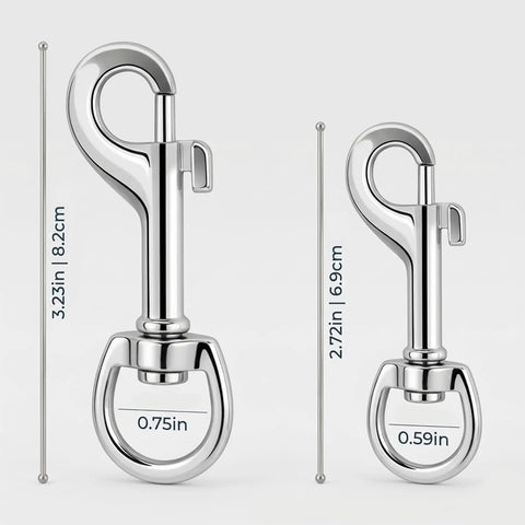 Badass Heavy Duty Swivel Flag Clips 4 Pack All Weather Zinc Alloy Snap Hooks, size comparison 3.23in and 2.72in.