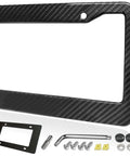 Real Carbon Fiber License Plate Frame With Stainless Steel Core, Wide 2-Hole Edge, screws, pads, and anti-theft caps shown
