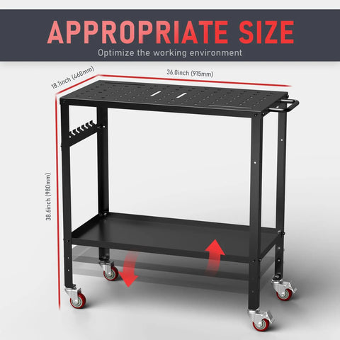 Heavy Duty Welding Table Workbench With Rock Solid 1200 Pound Capacity Plus 36 By 18 Inch Surface Rust Proof Finish Made For Busy Shop Floors Garage Crews And Fabricators Built To Last with dimensions displayed.