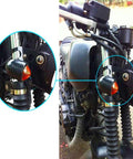 Chrome metal motorcycle turn signal mounting brackets, 30–45mm clamp size, pair installed on front forks.