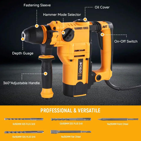 Beast Of A 900W Rotary Hammer Drill With 26mm Concrete Capacity, 2-Function Hammer And Drill Modes, Yellow Kit With Bits