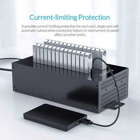 Badass Industrial Grade 30 Port USB Hub Featuring 300W Power Brick with current-limiting protection mounted on a surface.