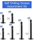 210Pcs Sheet Metal Screws Kit With Self-Tapping And Self-Drilling displayed with six sizes labeled from half inch to one and a half inch.