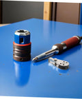 Tools on blue surface with stainless steel pulley block set for kayak and sailboat ropes, 4 pack heavy duty pulleys shown