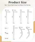 Size guide for Pro Grade Piercing Kit With Ball Grabber And 16G 18G Tapers For Easy No Fuss Jewelry Changes, showing tapers and dimensions.
