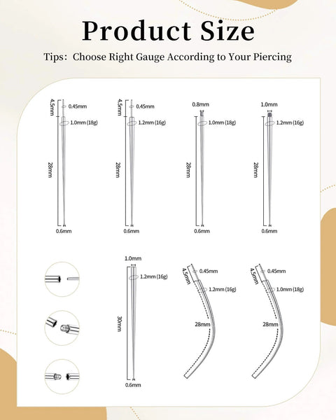 Size guide for Pro Grade Piercing Kit With Ball Grabber And 16G 18G Tapers For Easy No Fuss Jewelry Changes, showing tapers and dimensions.
