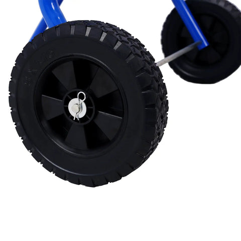 Close-up of wheels on a Mobile 18 Inch Multi Roll Masking Paper Machine With Storage Trays And Tape Dispenser Stand for car paint prep.