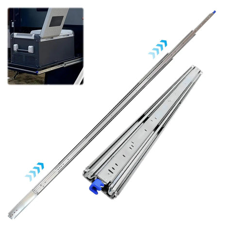 Beefy Built Tough Heavy Duty Drawer Slides Pair 72 Inch And 80 Inch Full Extension Ball Bearing Rails shown with locking mechanism