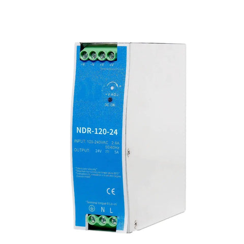 NDR120 24V DC DIN Rail Power Supply 120W 5A, 100 To 240 VAC Wide Input, shown in front view with rugged casing