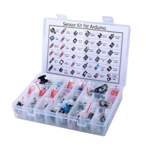 37 In 1 Sensor Starter Kit For Arduino And Raspberry Pi with various sensors in plastic storage case, ideal for DIY projects and education.