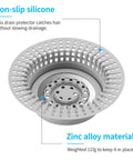 No Fuss Hair Drain Catcher For Tub And Shower Upgraded Silicone And Stainless Shield shown with non-slip design and zinc alloy material