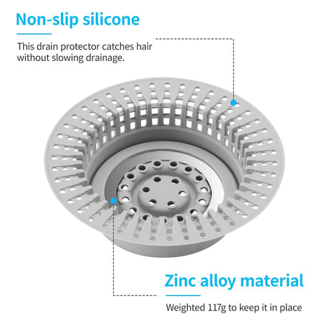 No Fuss Hair Drain Catcher For Tub And Shower Upgraded Silicone And Stainless Shield shown with non-slip design and zinc alloy material