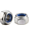 Top Shelf M6 X 1.0mm Nylon Insert Hex Lock Nuts 50 Piece Bulk With Rust Proof 304 Stainless Steel And Crisp Bright Finish, two nuts visible.
