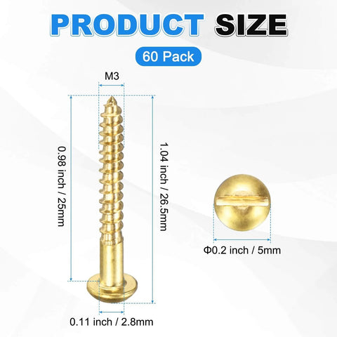 Brass Round Head Wood Screws M3 X 25mm Slotted Self-Tapping, 60 Pcs, front and top view with dimensions