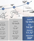 Adjustment chart for 10 Inch High Pressure Rain Shower Head With Handheld Combo showing sizes and angles for 8, 10, and 12 inch settings.