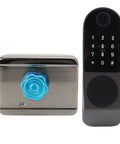 Foolproof Smart Biometric Door Lock With Wireless App Control And Instant Keyless Entry Heavy Duty Aluminum Alloy Fingerprint Deadbolt close-up showing the lock and keypad.